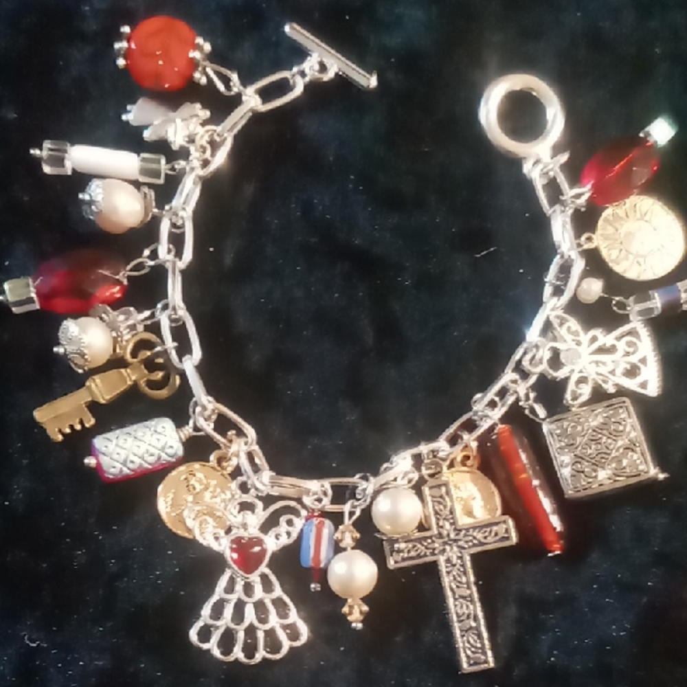 Silver Charm Bracelet with Red Accents